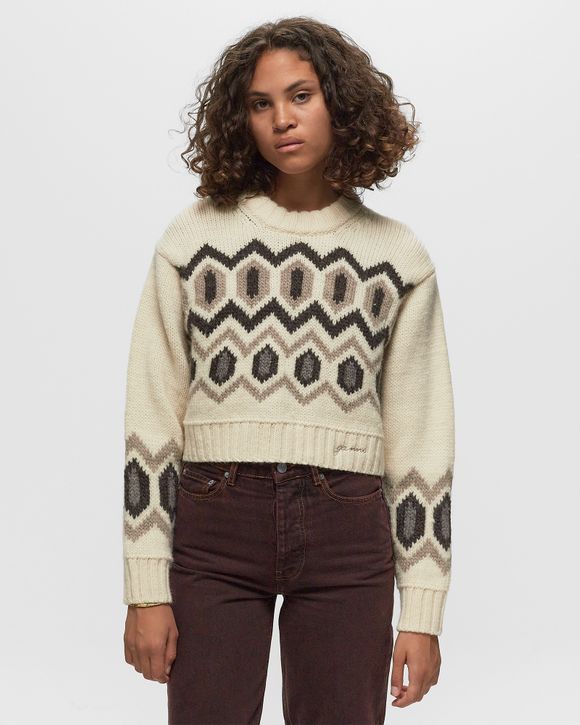 Ganni Chunky Graphic Wool Cropped O-neck Beige - EGRET