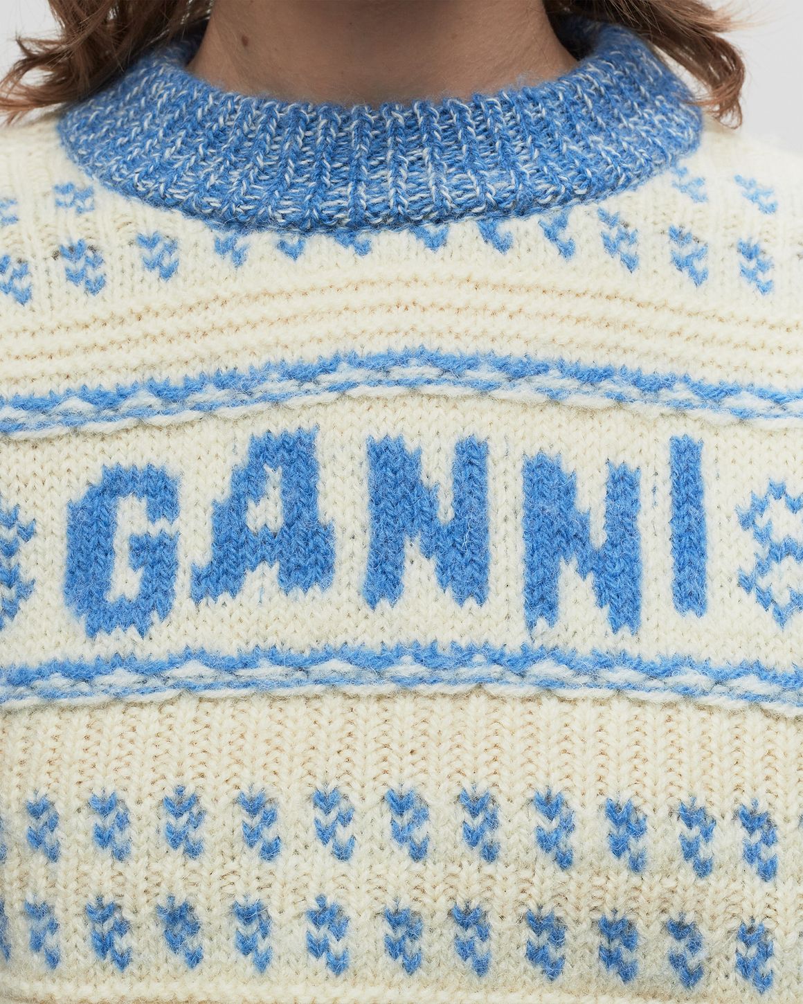 Ganni Graphic Lambswool Cropped O-neck Blue/Beige | BSTN Store