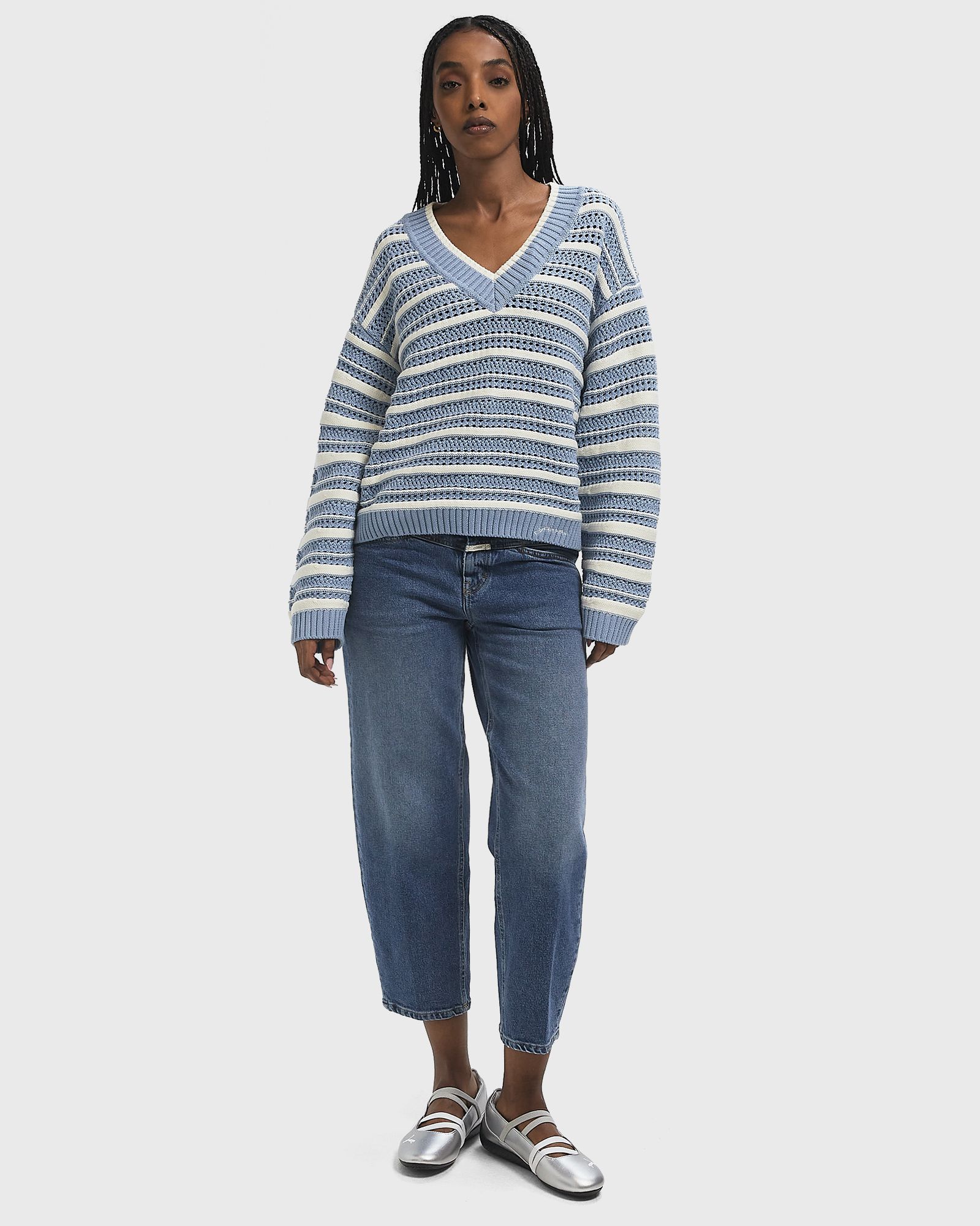 Striped Cotton Pointelle V-neck