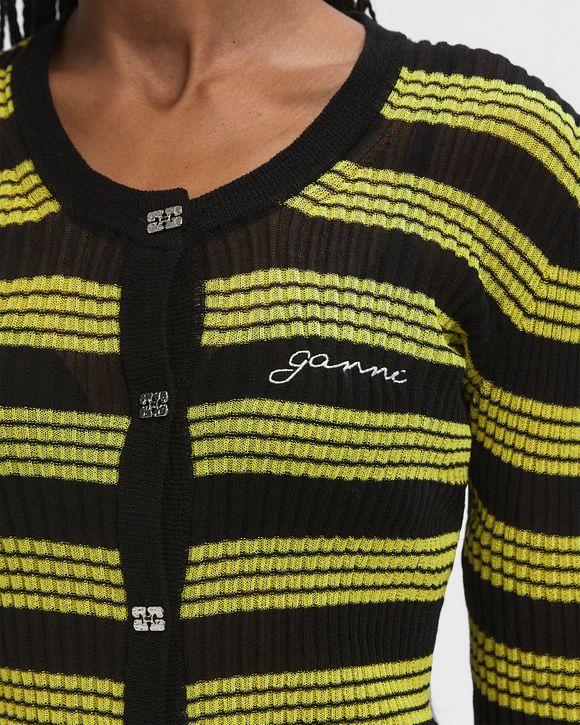 GANNI チェンリンクテラトミティスカト W01846783 099 Ganni Sheer Cotton Rib Knit Cardigan Black/Yellow | BSTN Store