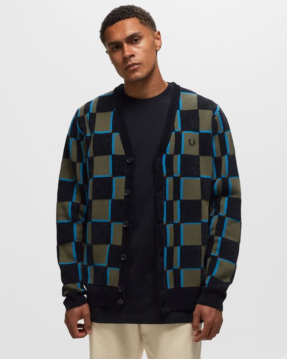 Fred Perry Glitch Chequerboard Cardigan Black/Green - UNIFORMGREEN