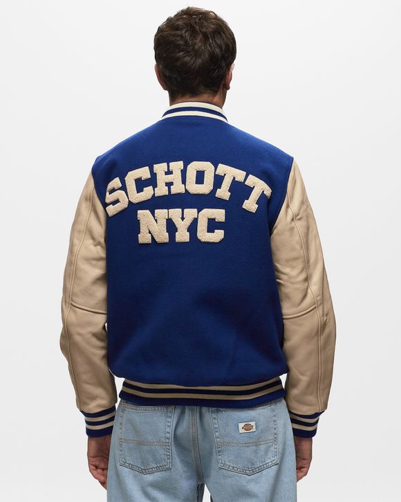 Schott NYC VARSITY COL RIB CUIR / LAINE Blue - COBALT/BEIGE