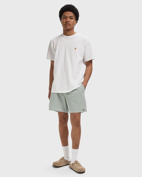Mid Length Striped Textured Swim Trunks