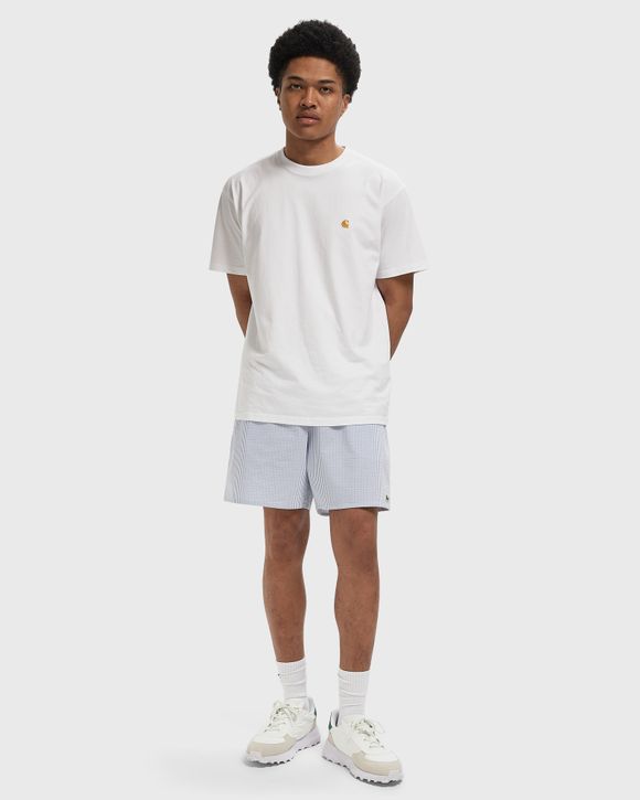 Mid Length Striped Textured Swim Trunks