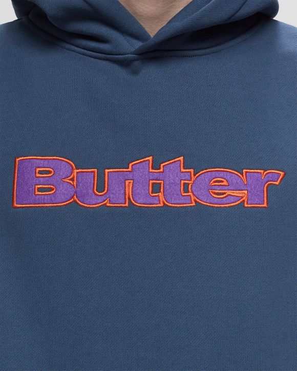 【BUTTER GOODS】 Felt Logo Applique Pullover Hood, Navy Butter Goods Felt Logo Applique Pullover Hood Blue | BSTN Store