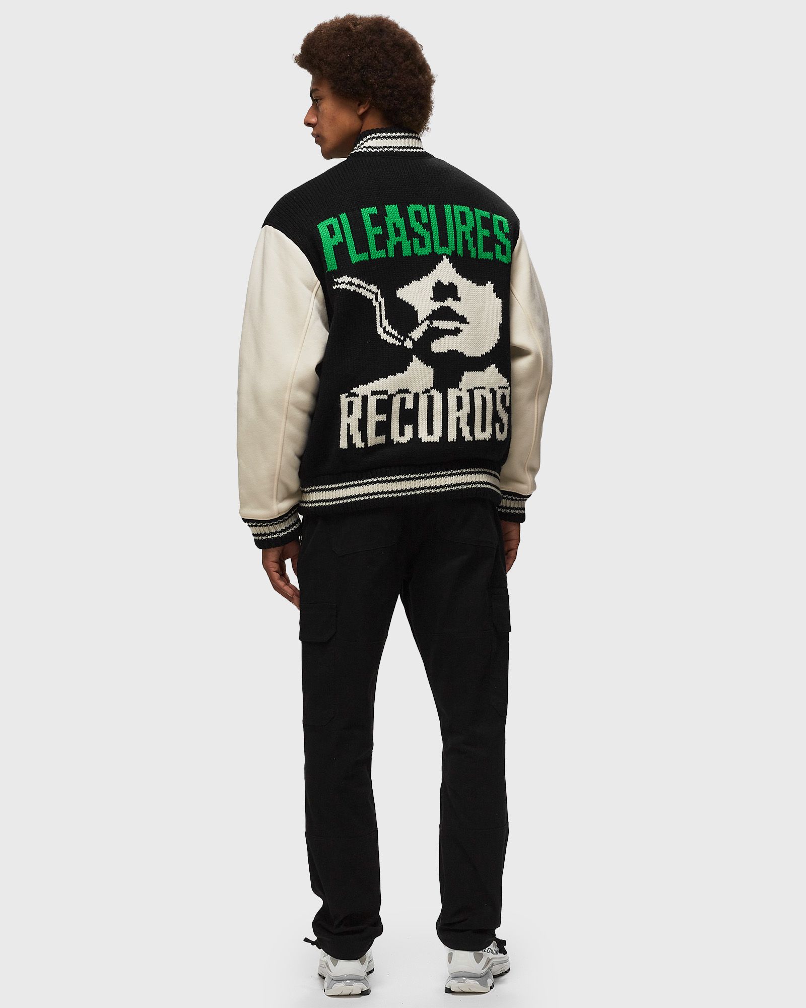 【PLEASURES/プレジャーズ】SMOKE KNITTED VARSITY Pleasures SMOKE KNITTED VARSITY JACKET Black White | BSTN Store
