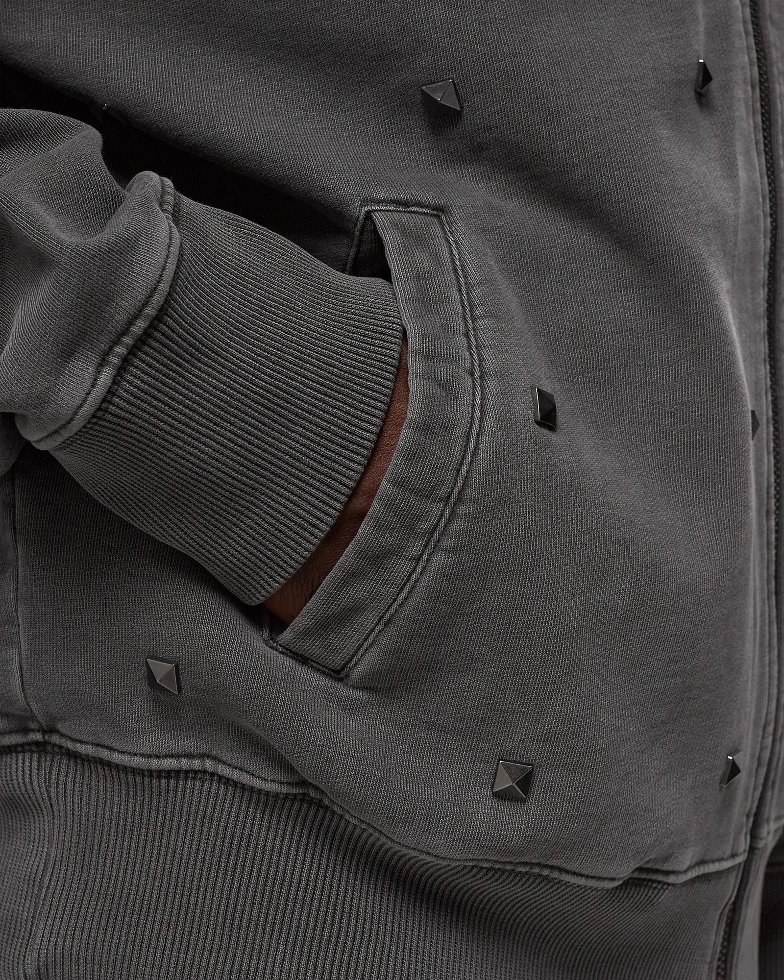 Studded Washed Zip Up Hooded Sweater