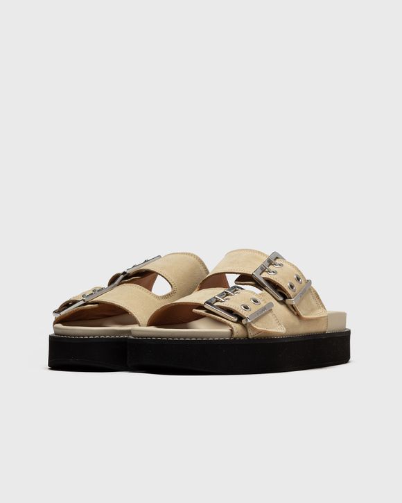 【関税＆送料込み】Ganni Sandal With Buckle GANNI buckle-fastening Denim Flat Sandals | Blue | FARFETCH