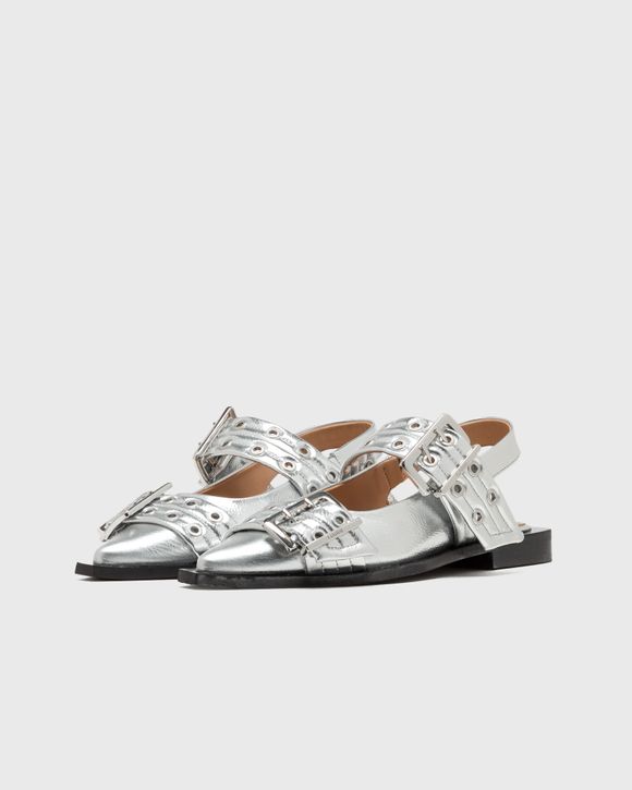 フラットシューズ GANNI Feminine Buckle Ballerina Flat Shoes Silver S2725018 GANNI ballet flats Feminine Buckle Ballerina Metallic silver