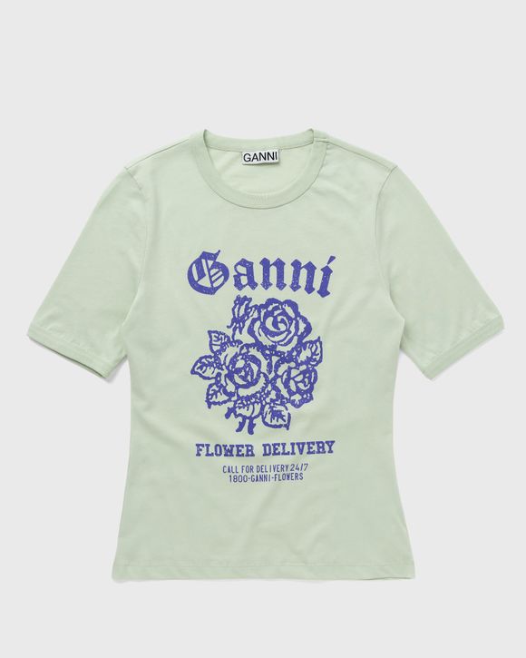 Ganni Light Cotton Jersey Flower Fitted T-shirt Green - SEA FOAM