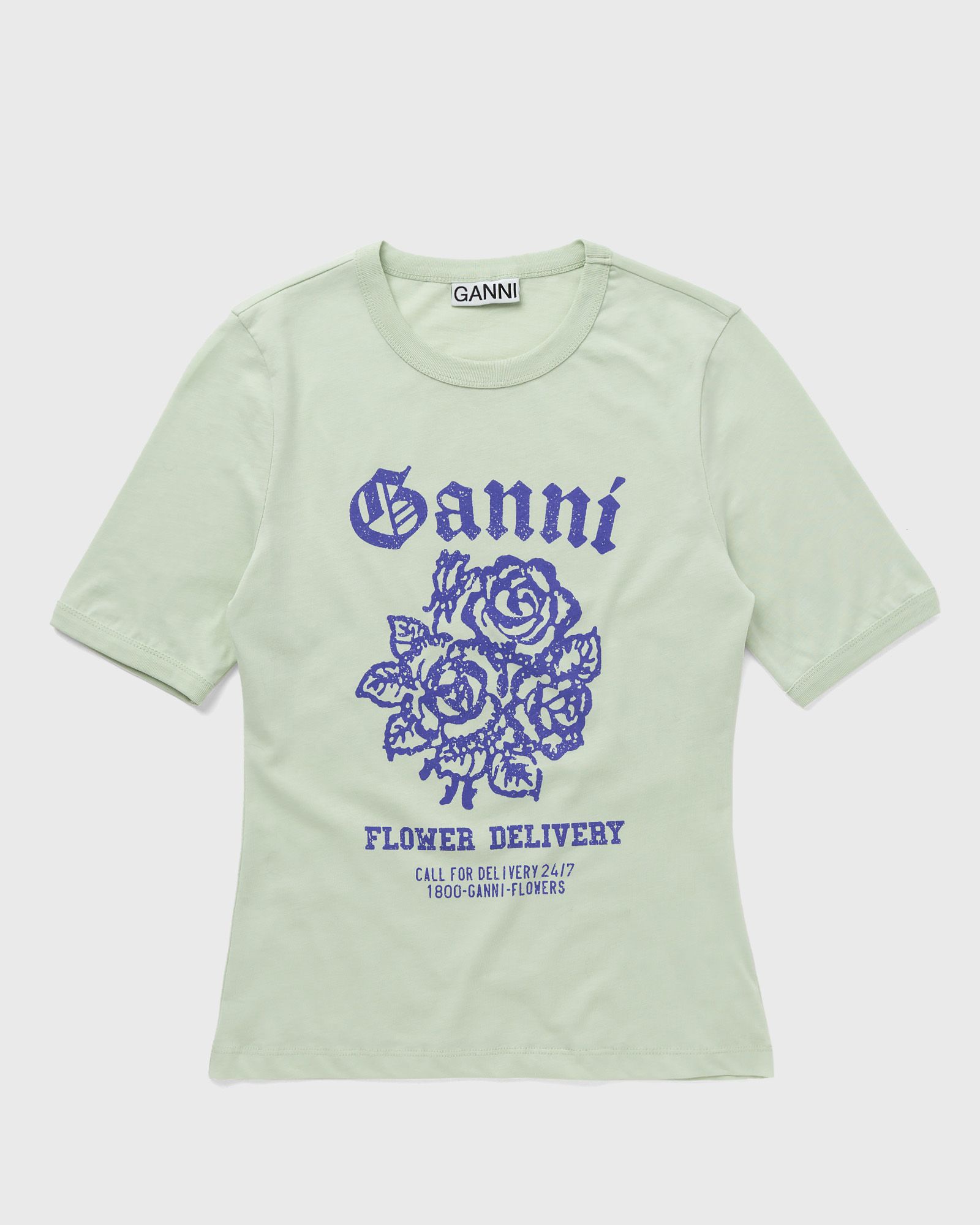 Ganni - light cotton jersey flower fitted t-shirt women shortsleeves green in größe:l