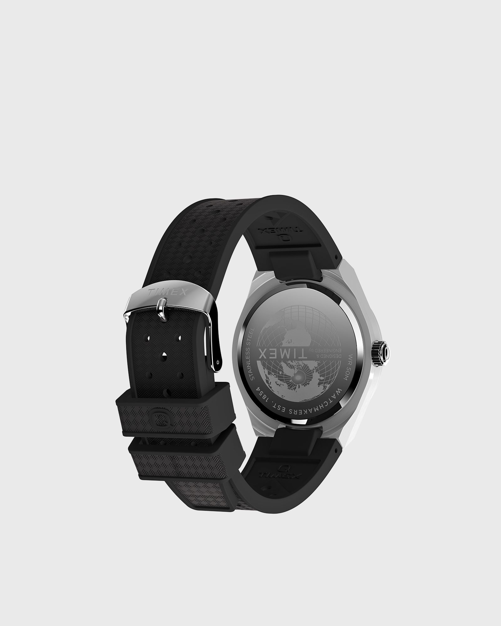 Q - Timex GMT Silver Tone wth Black Rubber Strap 39mm case