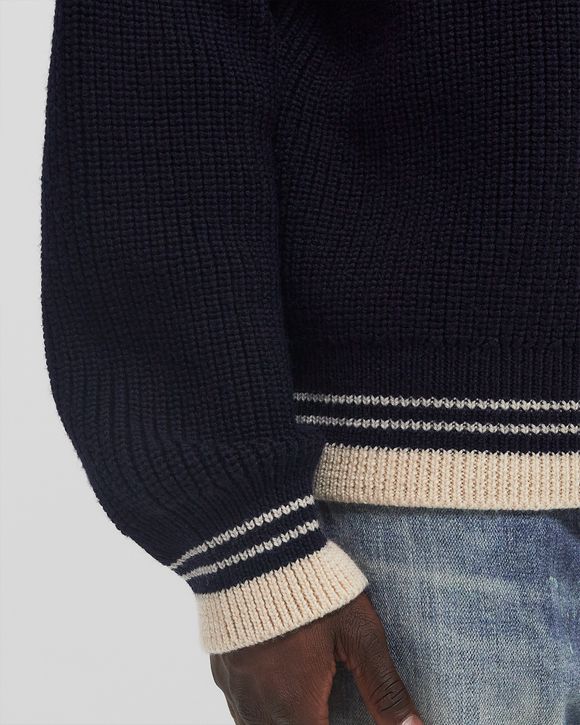 ニット・セーター AMI Men Sweater UKS268 KN0068 4011 BLUE NAVY BLUE Ribbed V Neck Sweater | AMI PARIS
