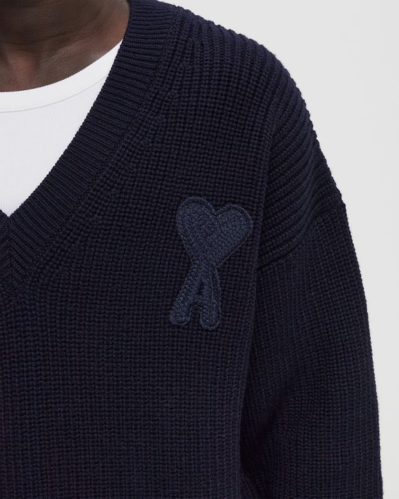 【AMI PARIS】RIBBED V NECK SWEATER◆UKS268KN0068 NAVY BLUE Ribbed V Neck Sweater | AMI PARIS