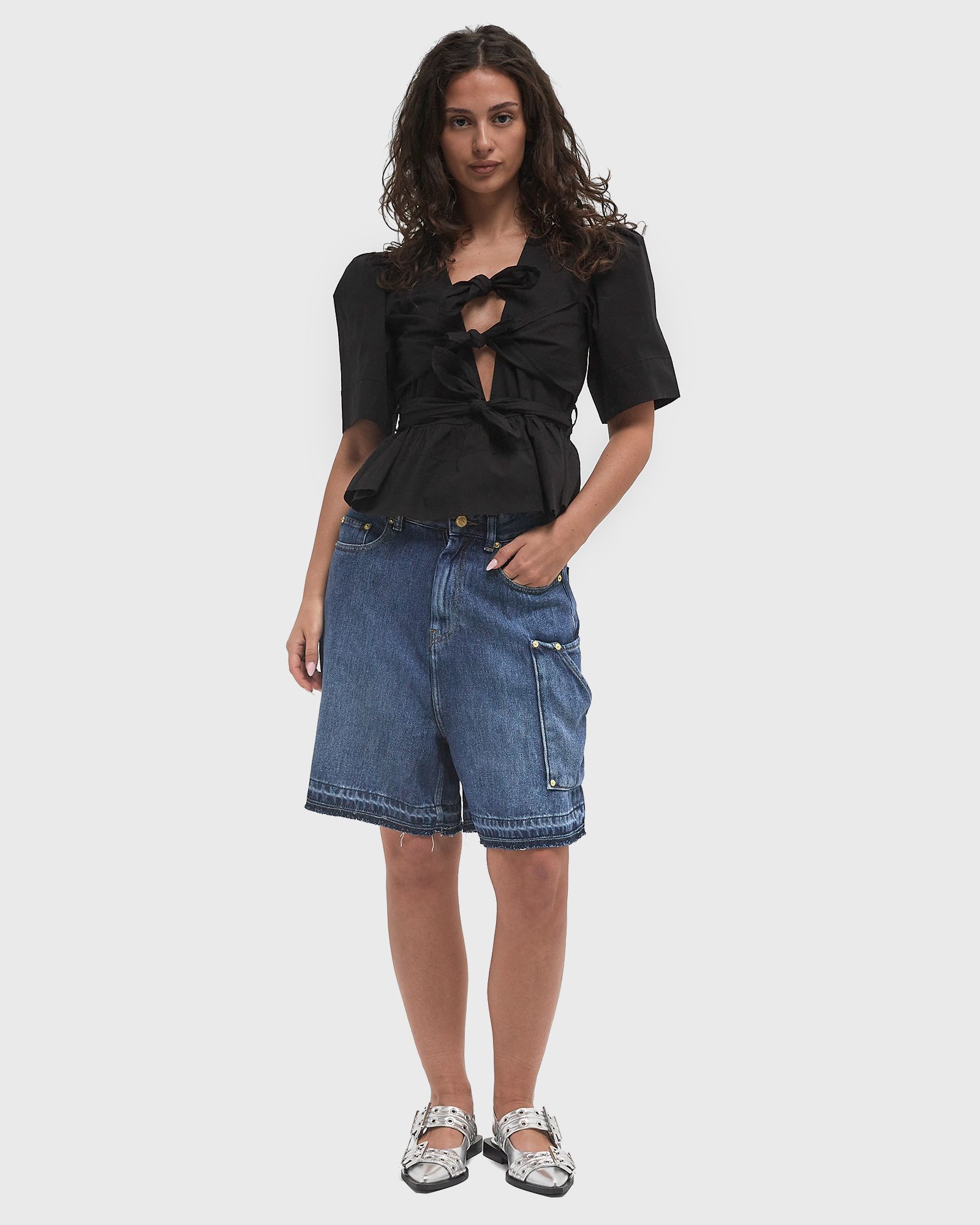 Washed Stretch Cotton Tie Strap Blouse