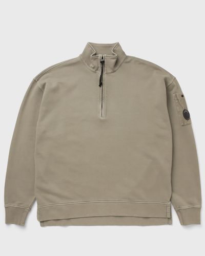 C.P. Company BRUSHED AND EMERIZED DIAGONAL FLEECE MIXED BOXY HALF ZIP LENS SWEATSHIRT, beige