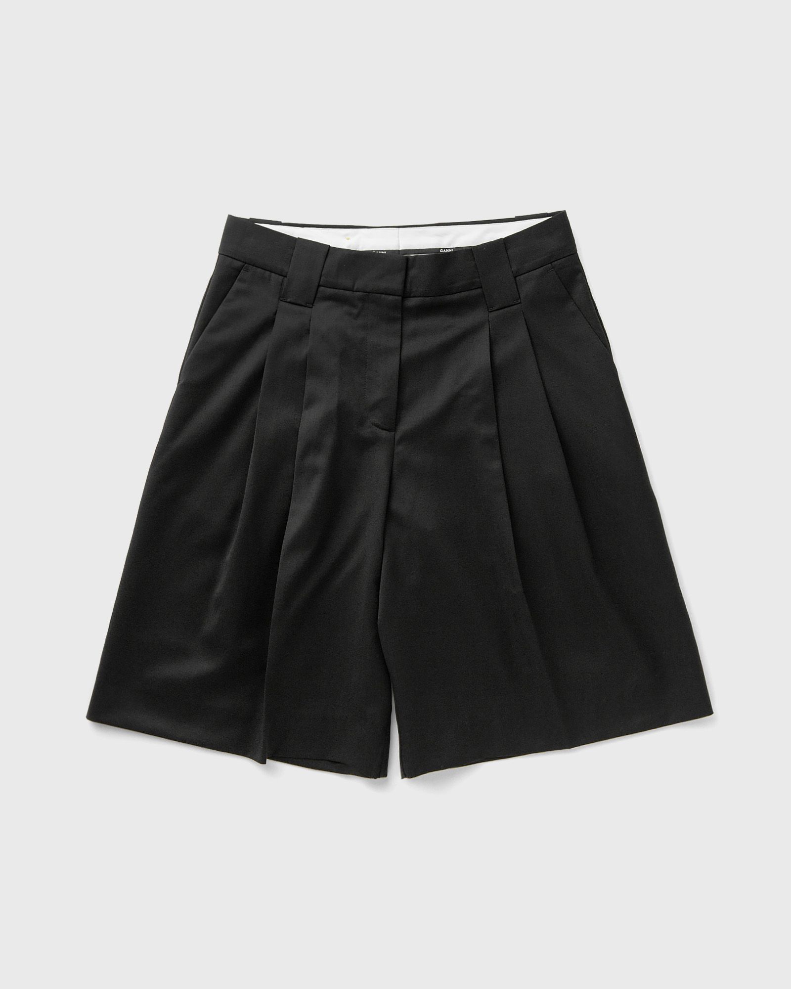 Ganni Calendered Wool Tailoring Wide Shorts, black