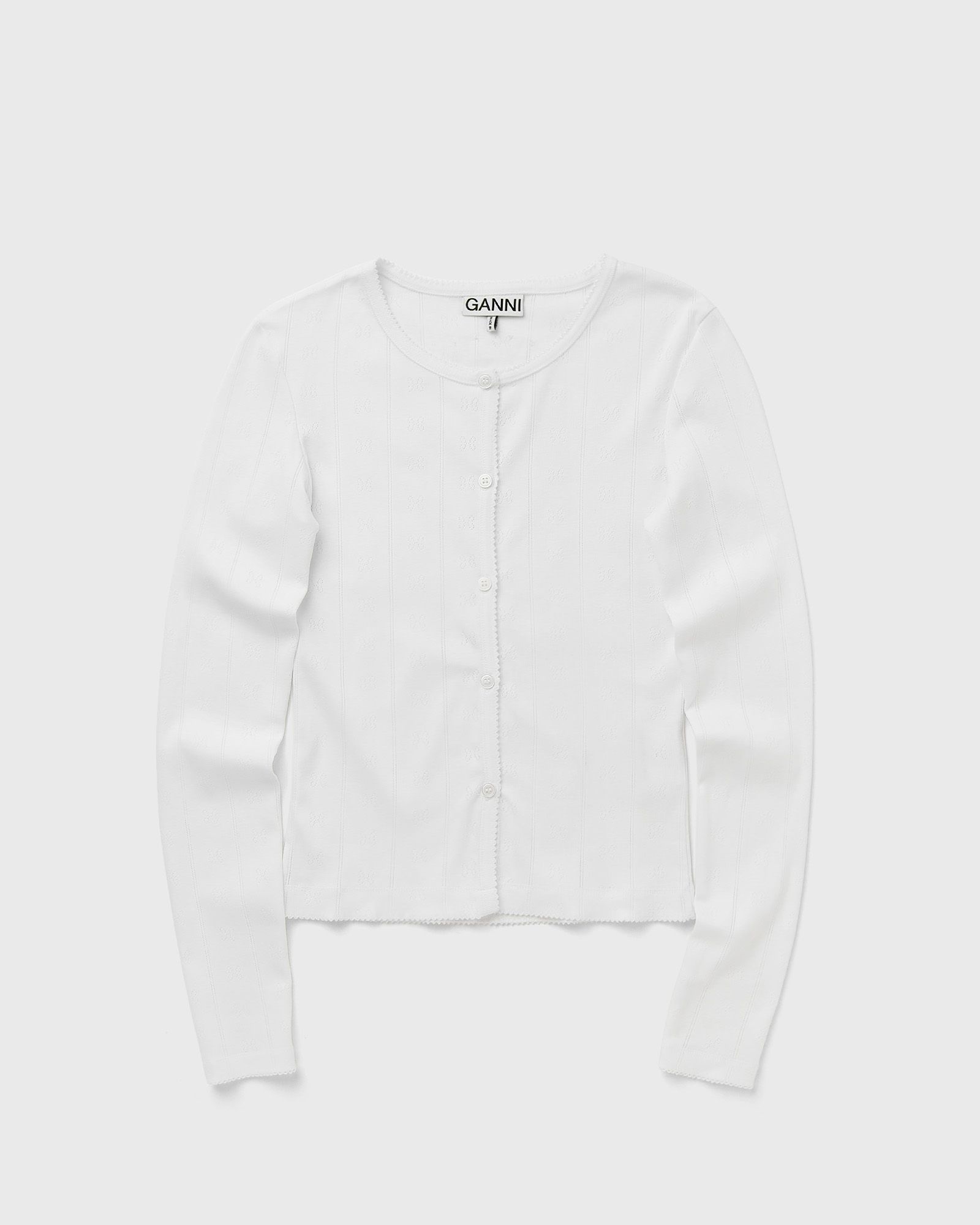Ganni Compact pointelle rib jersey LS Button top, white