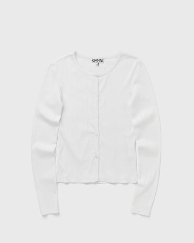 Ganni Compact pointelle rib jersey LS Button top, white