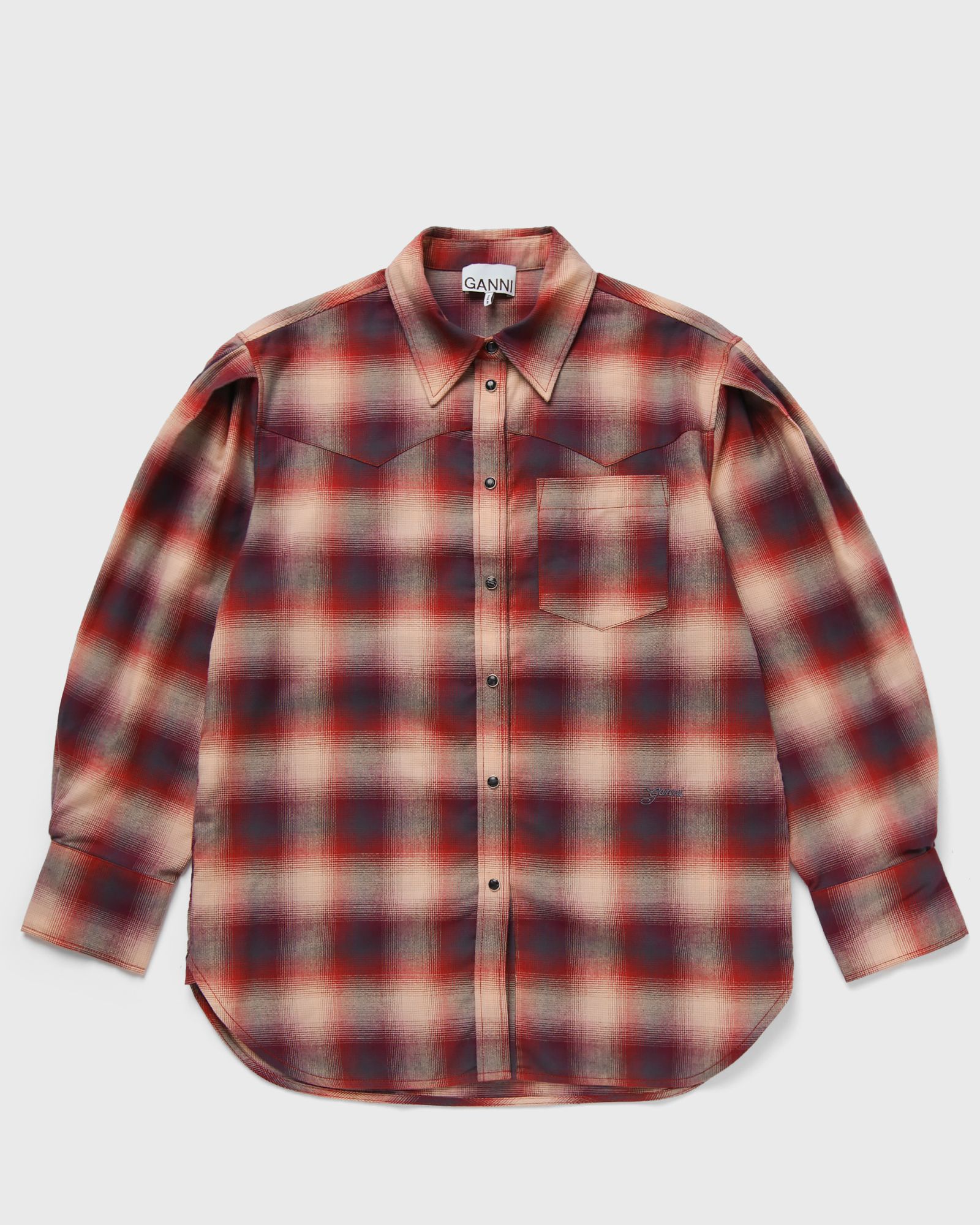 Ganni Cotton Flannel Check Pleated Sleeve Shirt, red