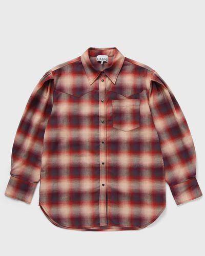 Ganni Cotton Flannel Check Pleated Sleeve Shirt, red