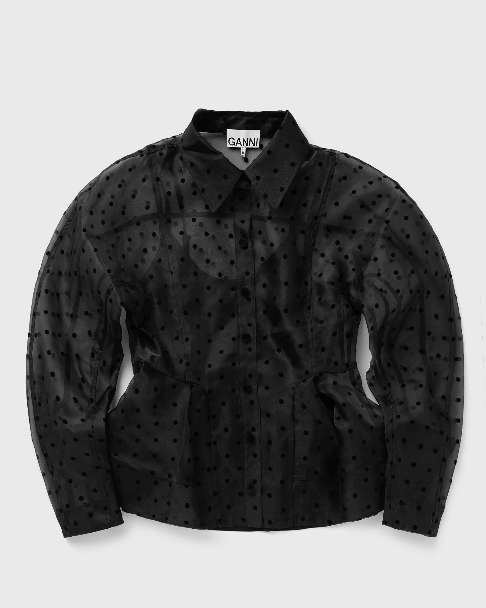 Ganni Flocked Organza Peplum Shirt, black