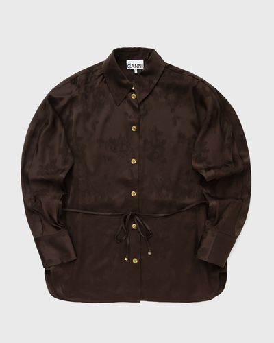 Ganni Fluid Satin Jacquard Long Sleeve Shirt, brown