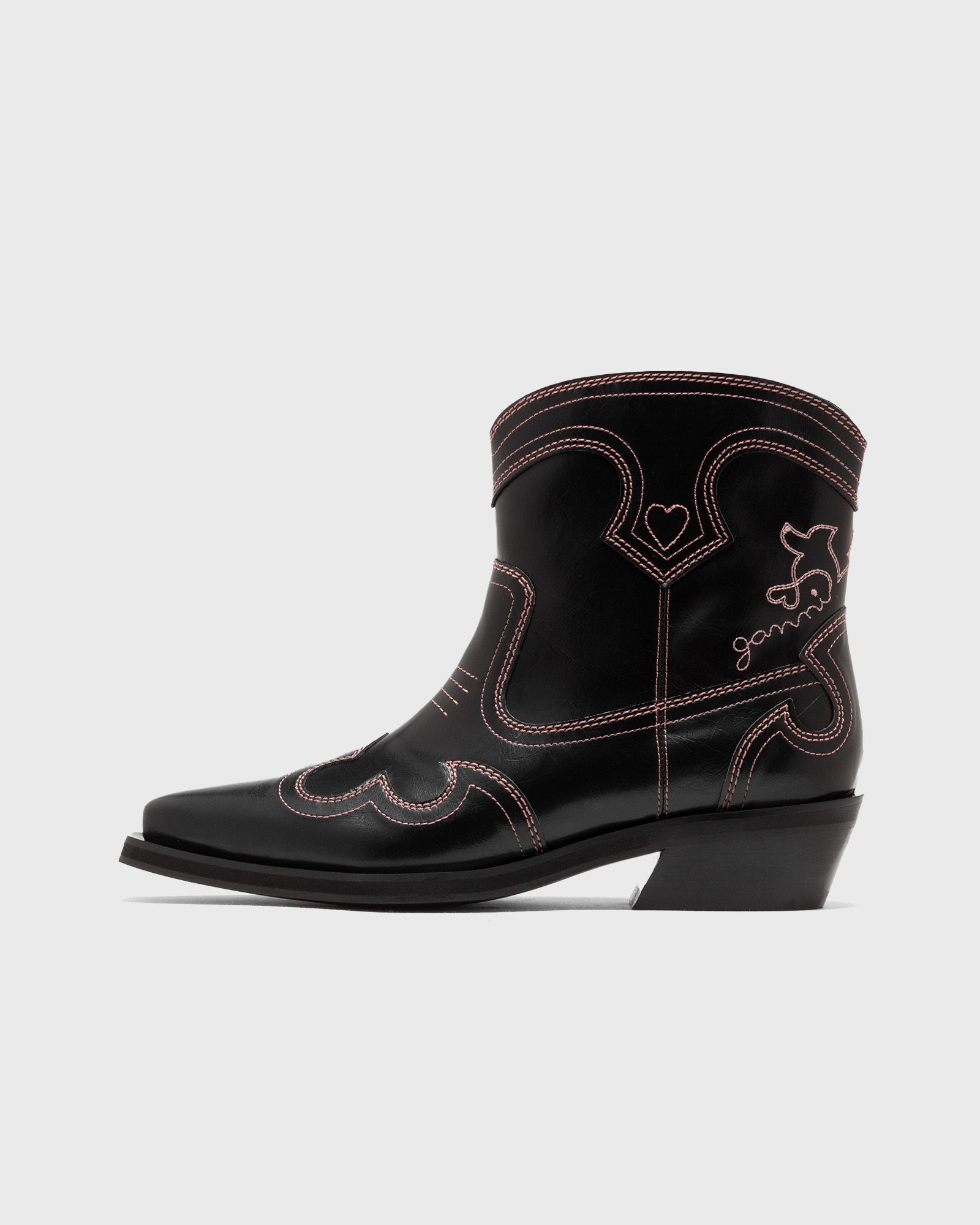 Ganni Low Shaft Embroidered Western Boot Oleatex, black