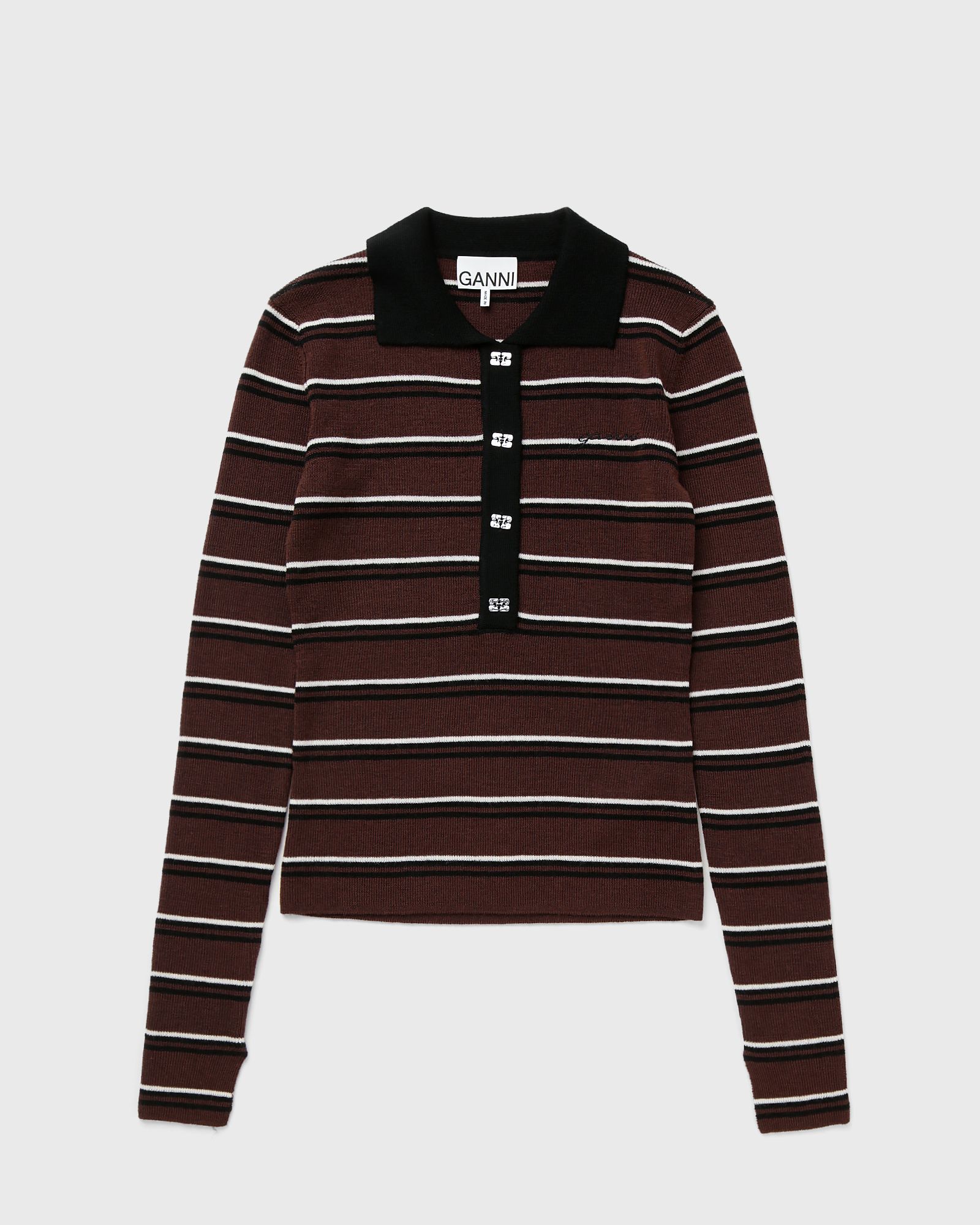 Ganni Mini Ribbed Merino Polo, black|brown