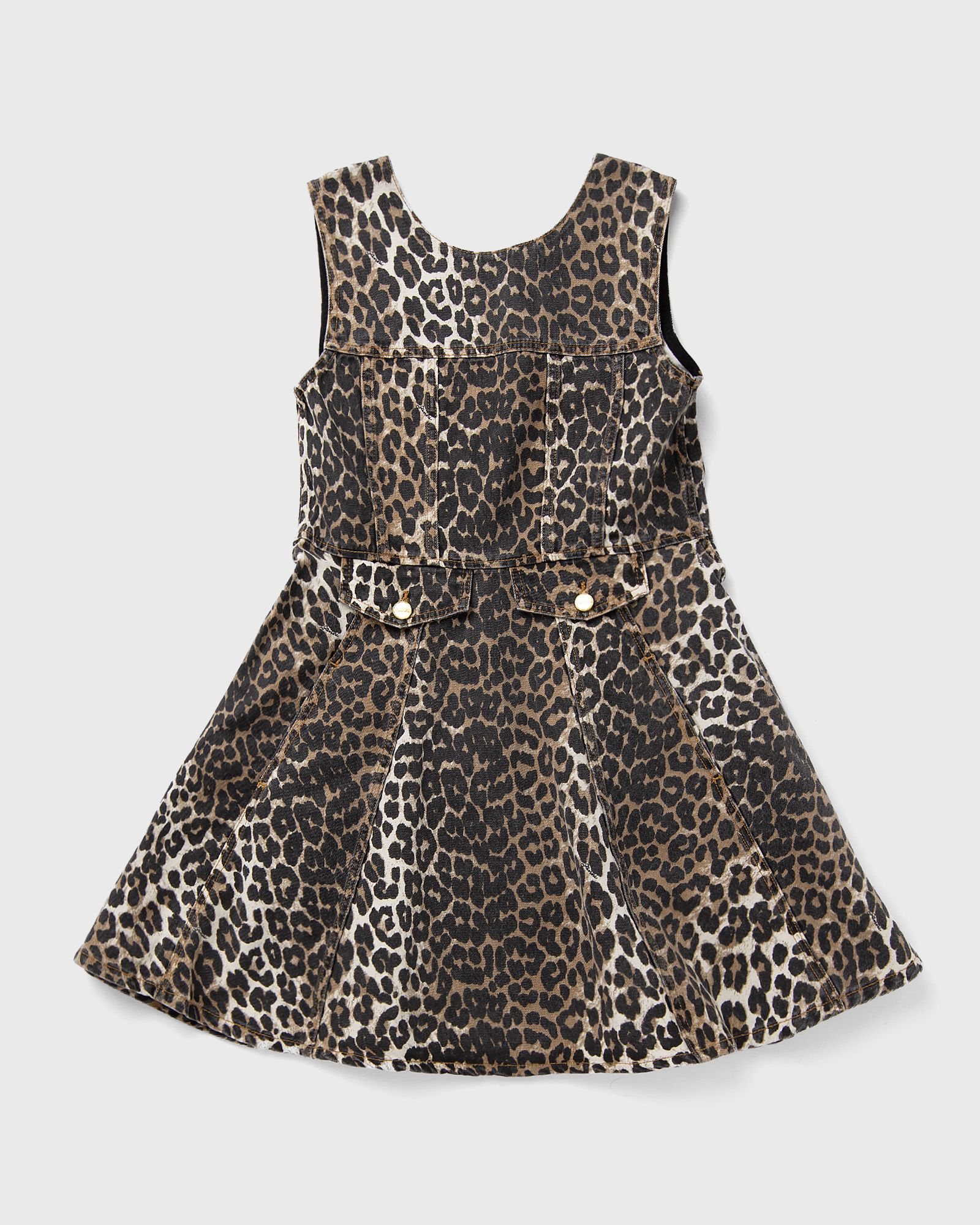 Ganni Print Denim Flounce Mini Dress, black|brown