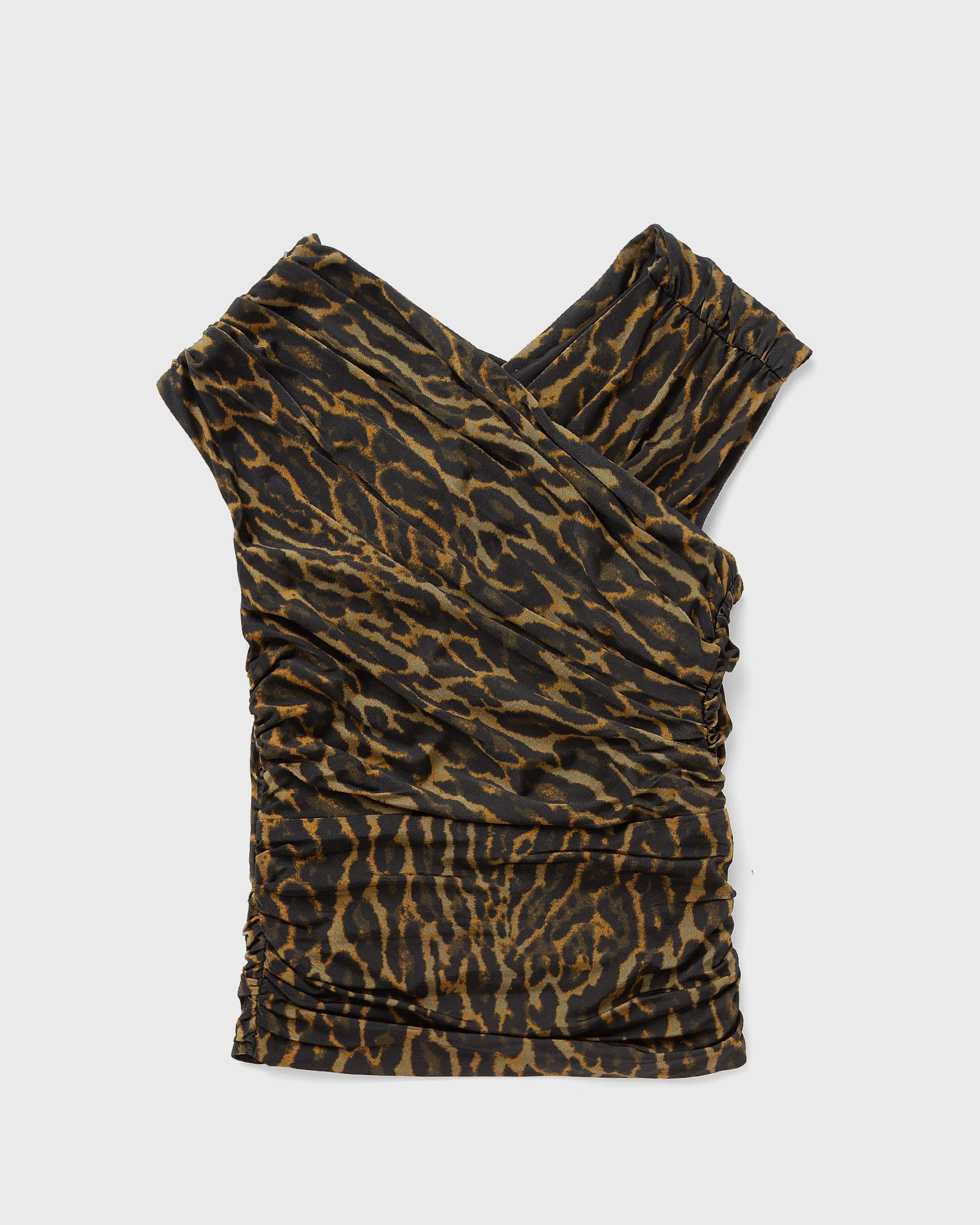 Ganni Printed Shiny Jersey Sleeveless Ruched Blouse, black|brown