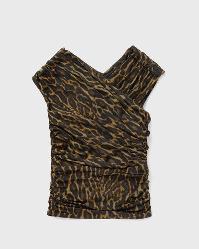 Ganni Printed Shiny Jersey Sleeveless Ruched Blouse, black|brown