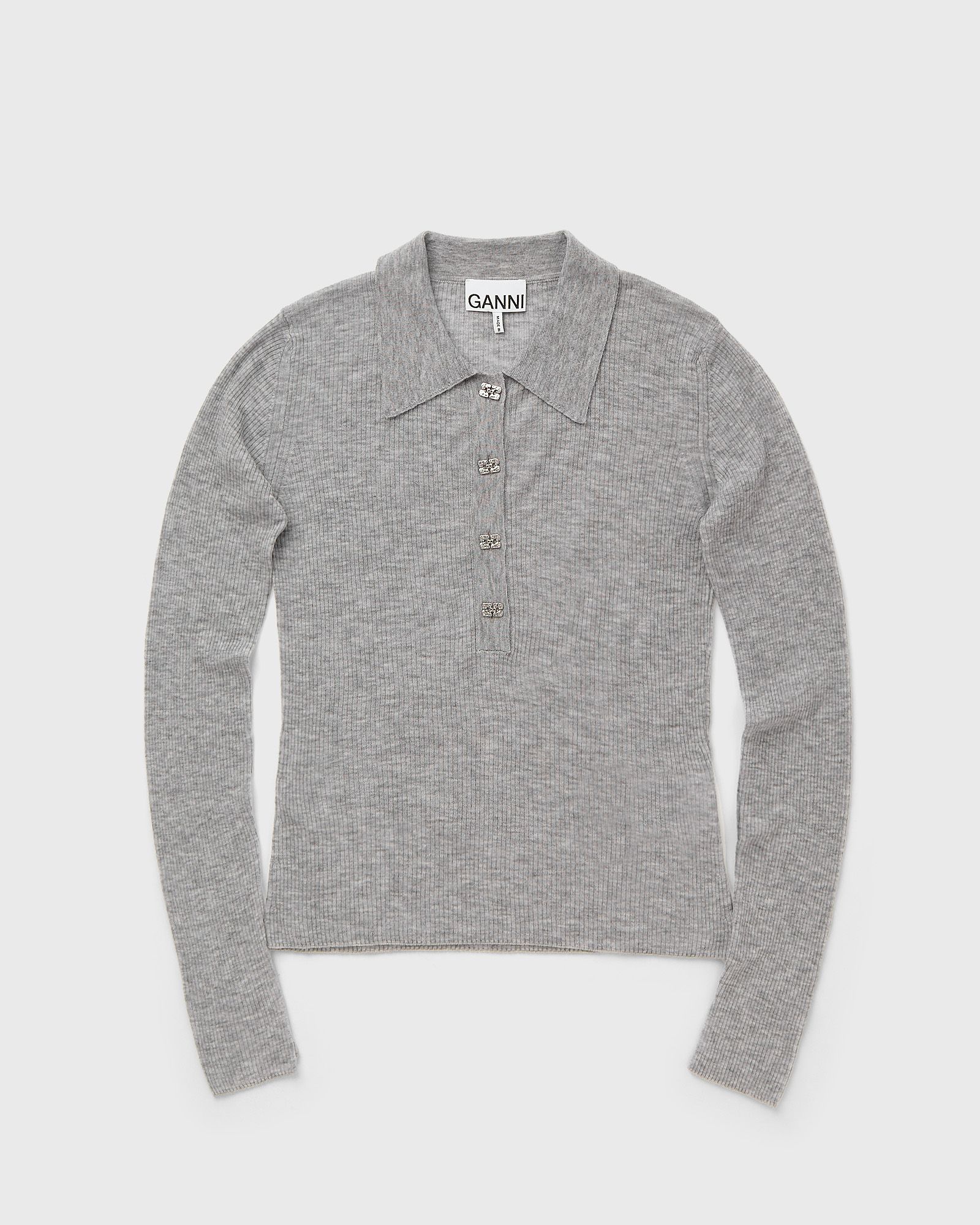 Ganni Sheer Wool Ribbed Polo, grey