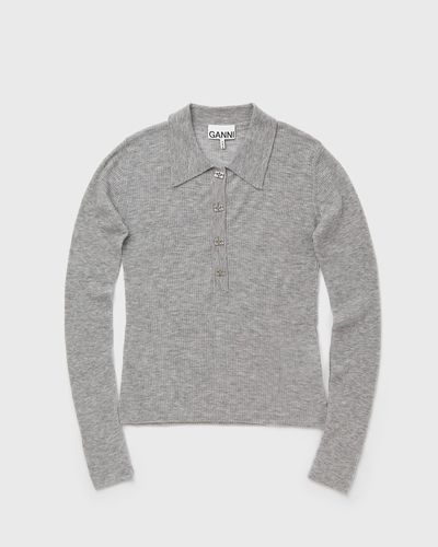 Ganni Sheer Wool Ribbed Polo, grey