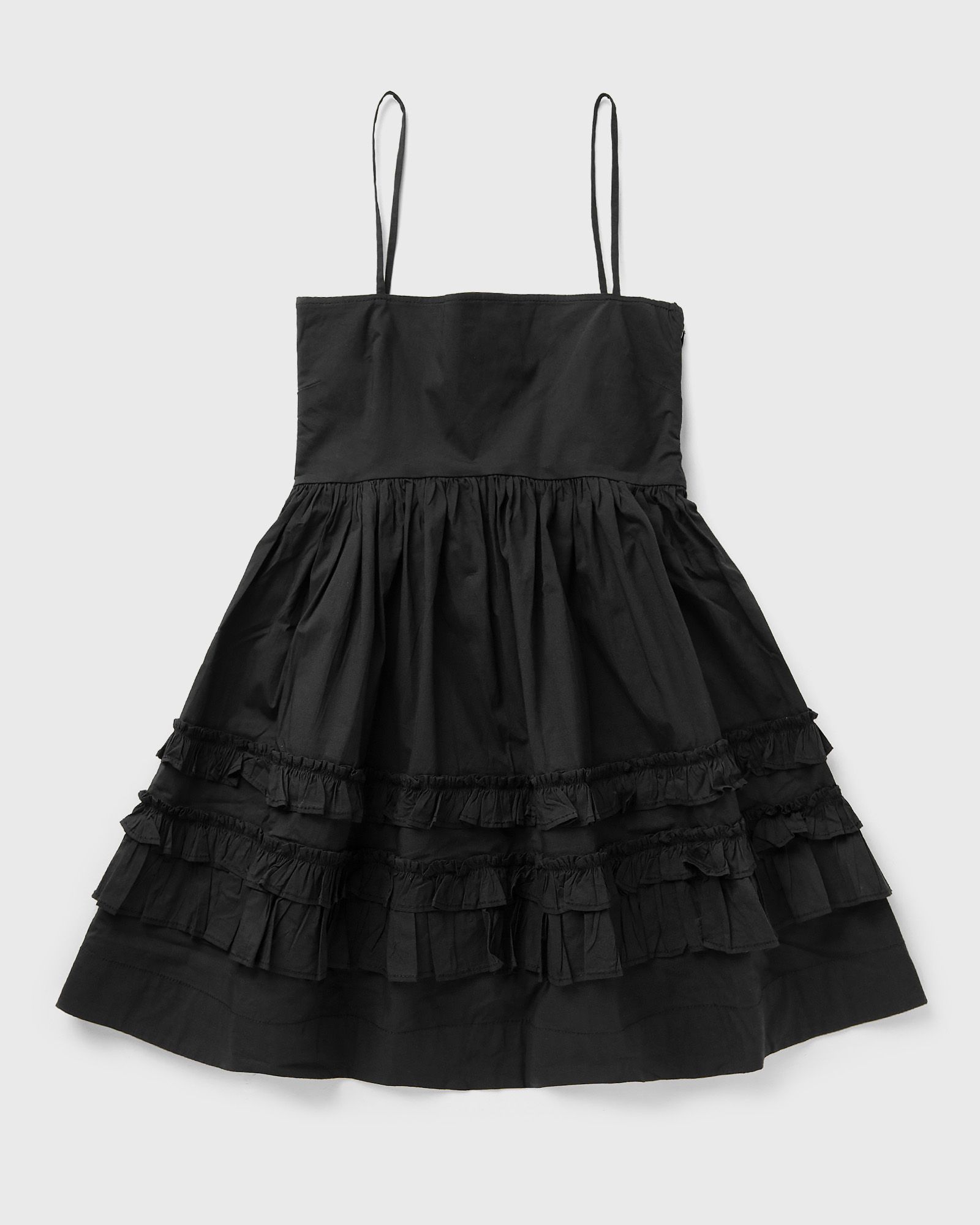 Ganni Stretch Cotton Mini Strap Dress w. Frills, black