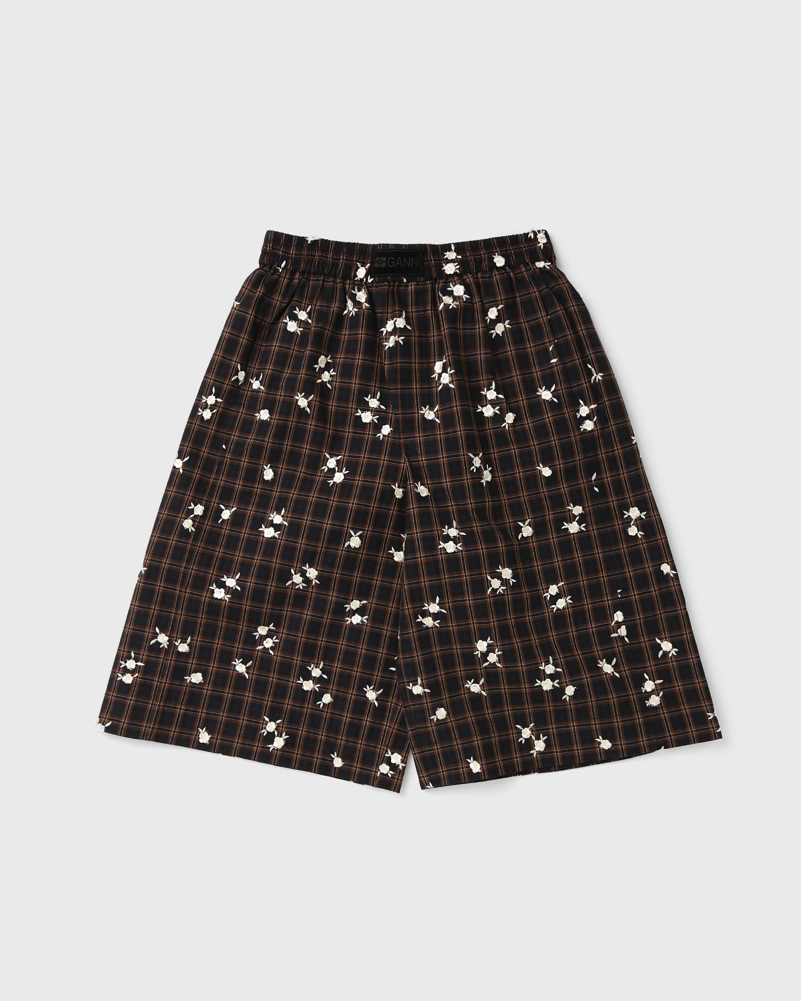 Ganni Yarn Dyed Check Flower Shorts, brown
