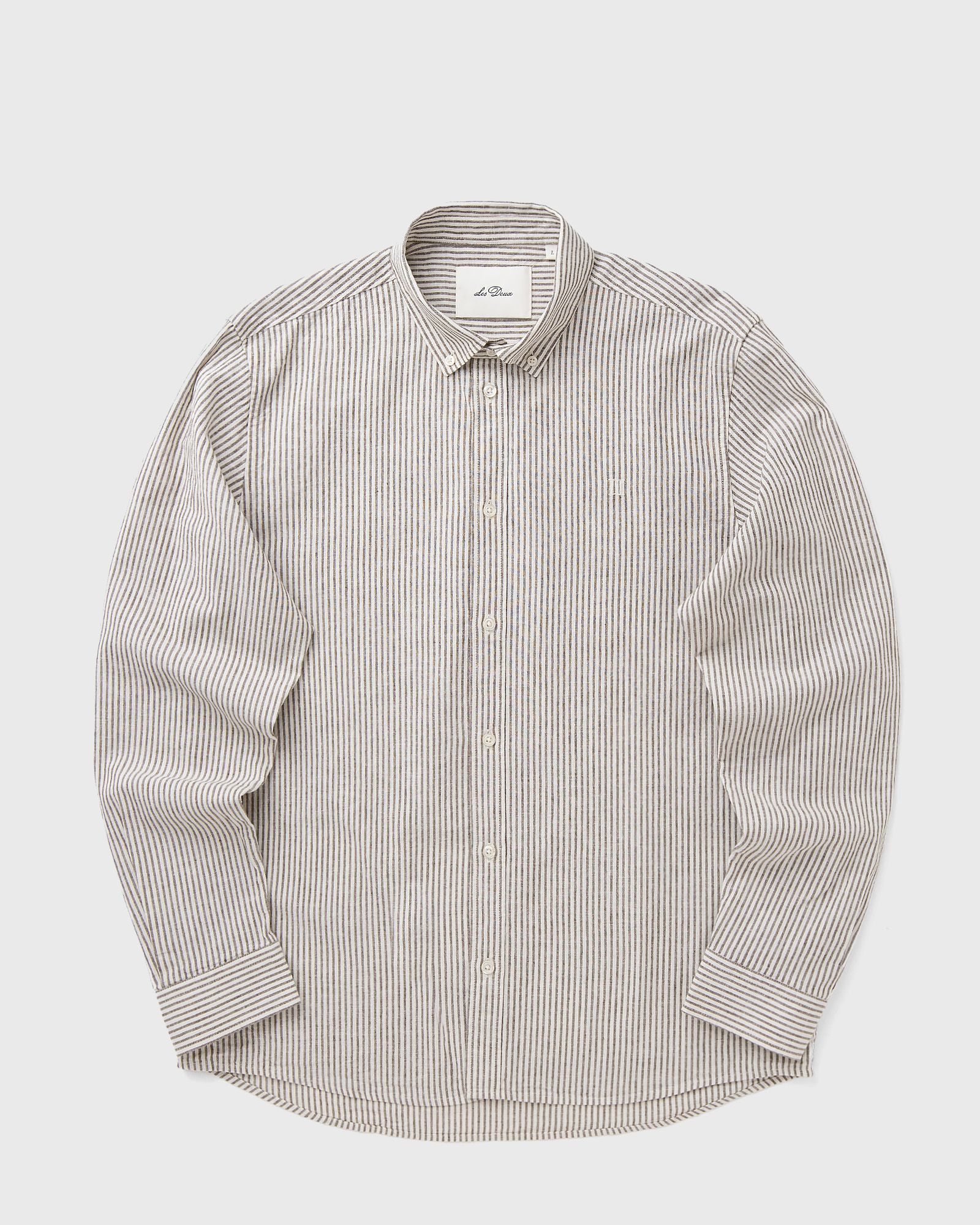 Les Deux Konrad Stripe Cotton Linen Shirt, brown|white