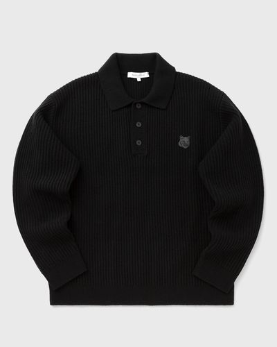 Maison Kitsune FOX HEAD WOOL RIBBED POLO JUMPER, black