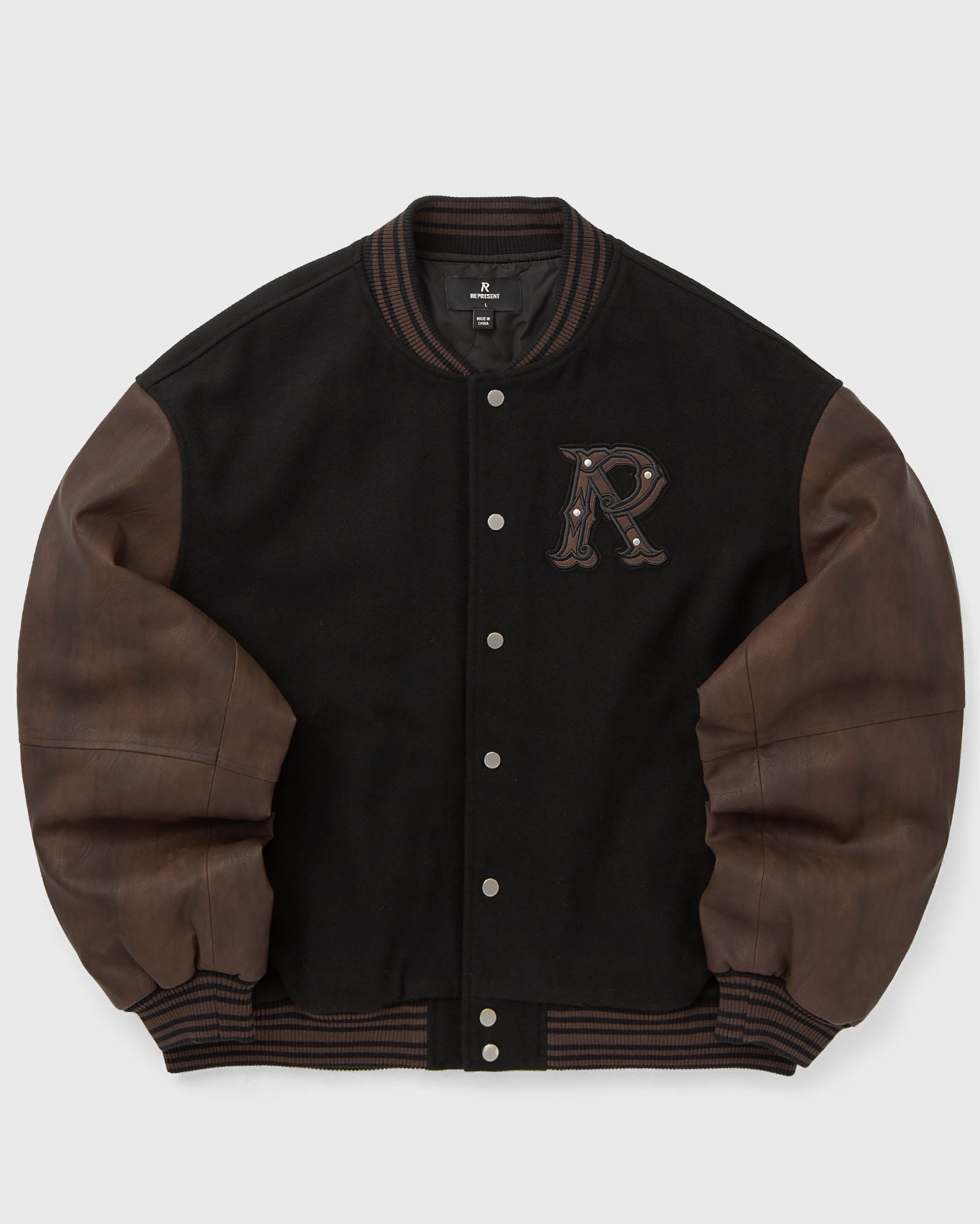 Represent VARSITY BOMBER, black|brown
