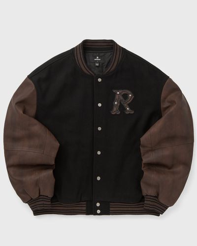 Represent VARSITY BOMBER, black|brown